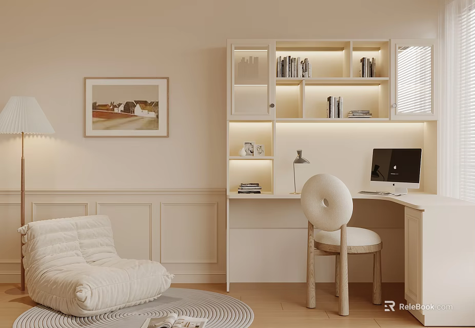 Desk With Lit Shelves Computer Cozy Armchair Nearby Light Colored Walls And Floor 3d model 