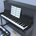 Black Upright Piano With Sheet Music And Leather Piano Bench