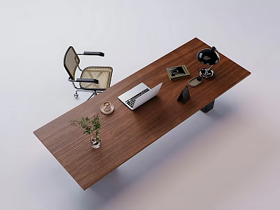 Wooden Office Desk With Laptop Globe Photo Frame Coffee Cup Small Plant And Office Chair 3d model