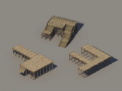 3D Models of Wooden Archway Pavilions with Three Different Structures Roofs and Steps 3d model
