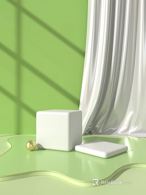 Modern Display Shelves With White Cube Golden Sphere And White Fabric On Green Background 3d model 