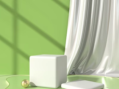 Modern Display Shelves With White Cube Golden Sphere And White Fabric On Green Background 3d model