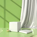 Modern Display Shelves With White Cube Golden Sphere And White Fabric On Green Background