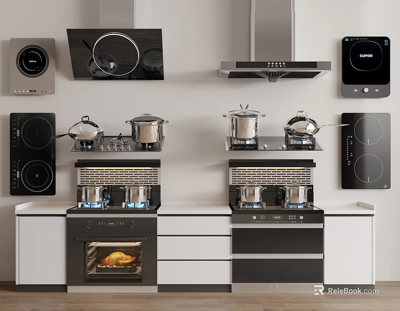 Modern Kitchen Appliances Featured In Stylish Interior With Island Counter And Cabinets 3d model 