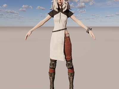 Game Movie Character With White Long Hair Short Sleeves White Dress And Leather Boots 3d model