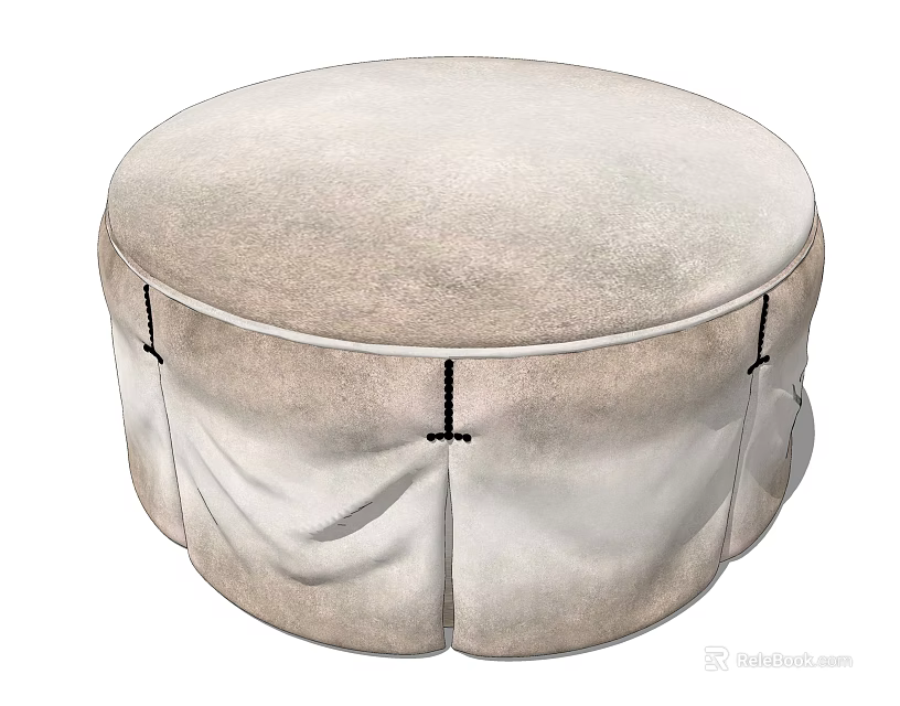 Round Light Beige Upholstered Ottoman With Pleated Base And Stitched Details 3d model 