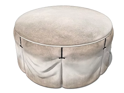 Round Light Beige Upholstered Ottoman With Pleated Base And Stitched Details 3d model