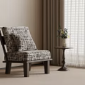 Elegant Single Sofa With Patterned Upholstery And Side Table By Window Curtains 3d model