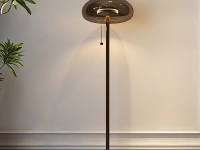 Modern Floor Lamp Beside Green Plant On White Wall With Slim Pole And Round Shade 3d model