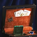 Dark Wooden Display Cabinet with Orange Velvet Lining Green Box and Blue Gemstone Jewelry