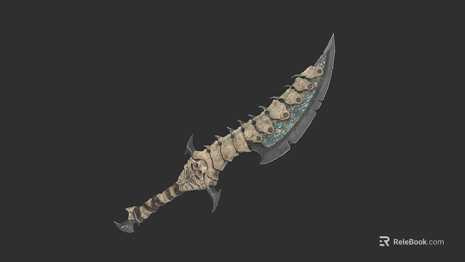 Ornate Scimitar Weapon With Bone Design And Blue Gemstone Accents 3d model 