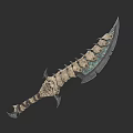 Ornate Scimitar Weapon With Bone Design And Blue Gemstone Accents