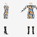 Colorful Pattern Long Sleeve Dress Paired With Black High Heel Boots