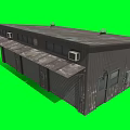 Dark Metal Industrial Building With Multiple Roll Up Doors On Green Screen Background