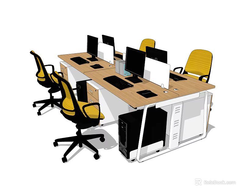 Modern Office Desk Setup With Multiple Computer Monitors Yellow Chairs And White Cabinets 3d model