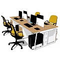 Modern Office Desk Setup With Multiple Computer Monitors Yellow Chairs And White Cabinets 3d model