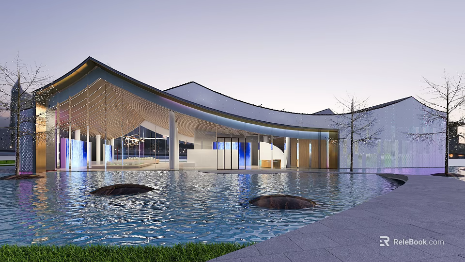 Modern Commercial Complex With Curved Roof Design Water Pool And Illuminated Exterior 3d model 