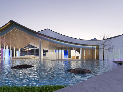 Modern Commercial Complex With Curved Roof Design Water Pool And Illuminated Exterior 3d model
