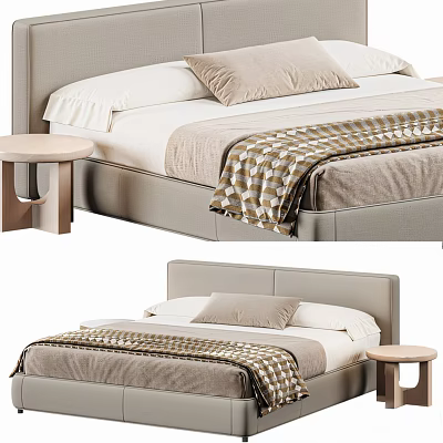Modern Double Bed With Upholstered Headboard Plush Pillows Patterned Blanket And Wooden Nightstand 3d model