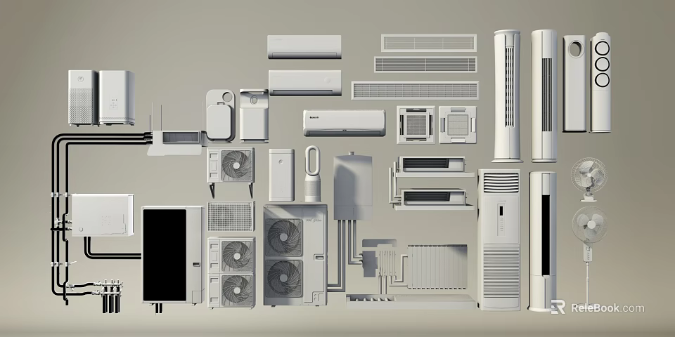 Various Models of Air Conditioners and Fans Featuring Wall Mounted Floor Standing and Tower Designs 3d model 