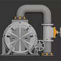 Industrial Mechanical Equipment Featuring Pipes Gears Yellow Valve Handle And Hexagonal Base Structure
