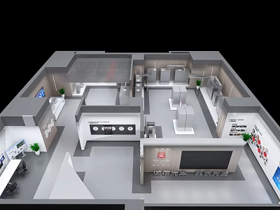 Functional Modern Interior Design Layout With Display Areas Plants And Screen 3d model