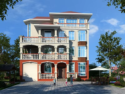 Three Story Detached Villa With Red Roof Balconies Green Yard And Paved Driveway 3d model