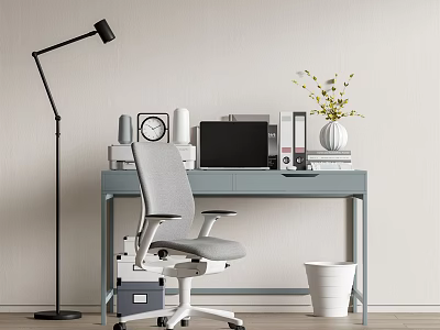 Gray Office Desk Setup With Ergonomic Chair Laptop Clock Binders Flower Vase And Floor Lamp 3d model