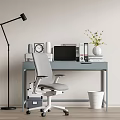 Gray Office Desk Setup With Ergonomic Chair Laptop Clock Binders Flower Vase And Floor Lamp