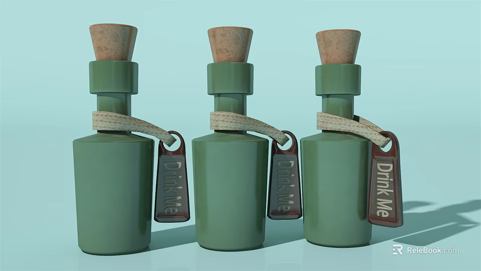 Green Wine Bottles With Cork Stoppers And Drink Me Tags Arranged In Row 3d model 