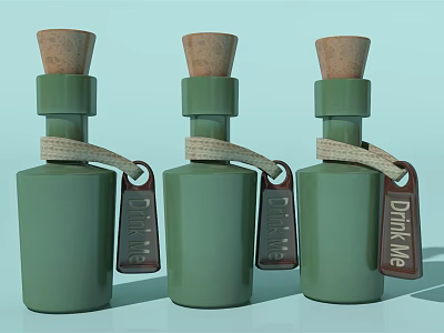 Green Wine Bottles With Cork Stoppers And Drink Me Tags Arranged In Row 3d model