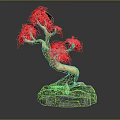 Decorative Bonsai Plant With Red Leaves Curved Trunk And Stone Base