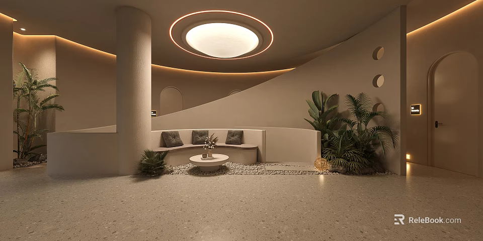 Modern Hotel Lobby Interior With Curved Walls Round Ceiling Light Sofa Seating And Plants 3d model 