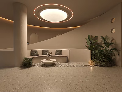 Modern Hotel Lobby Interior With Curved Walls Round Ceiling Light Sofa Seating And Plants 3d model