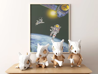 Creative Animal Skull Sculptures Displayed On Wooden Table With Space Poster Background 3d model