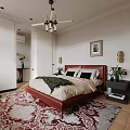 Modern Bedroom Interior With Red Headboard Bed White Wardrobe Gray Curtains And Red White Rug