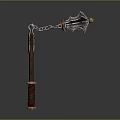 Medieval Weapon With Decorative Metal Chain Wooden Handle And Ornate Head