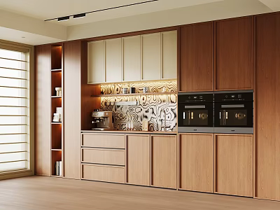 Modern Wooden Sideboard With Open Shelves Drawers Cabinets Coffee Machine And Decorative Backsplash 3d model