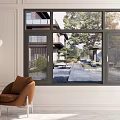Elegant Casement Window in Bright Interior with Courtyard Trees and Outdoor Scenery