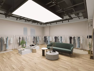Modern Clothing Store Interior With Hanging Clothes Racks Green Sofa Small Tables Plants And Skylight 3d model