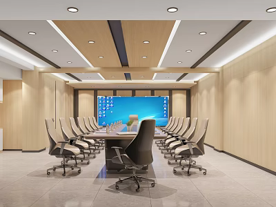 Modern Conference Room Interior With Long Table Office Chairs Large Blue Screen And Wooden Walls 3d model