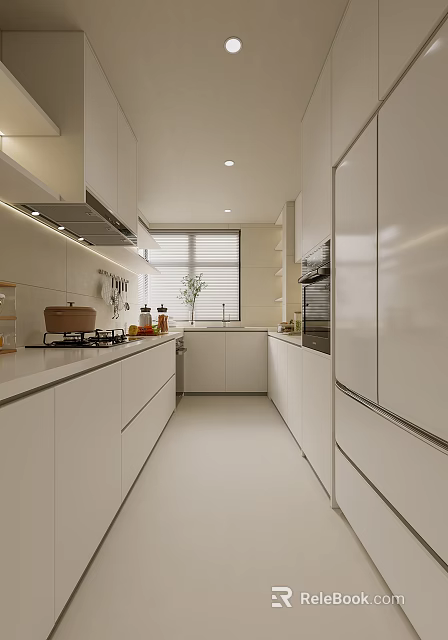 Modern White Kitchen Interior Design With Cabinets Stove Range Hood Refrigerator And Window 3d model 
