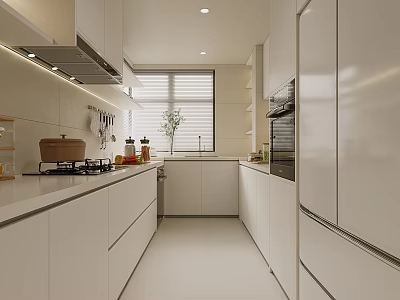 Modern White Kitchen Interior Design With Cabinets Stove Range Hood Refrigerator And Window 3d model
