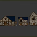 Multiple Medieval Wooden Houses With Blue Roofs Stone Walls And Material Samples