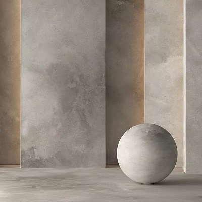 Gray Concrete Building Components With Textured Wall Panels And Spherical Decor 3d model