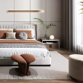 Modern Bedroom Interior Design With Upholstered Headboard White Wardrobes Wooden Floor And Indoor Plants