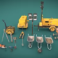 Yellow Heavy Duty Construction Equipment Including Concrete Mixers Wheelbarrows And Road Lights