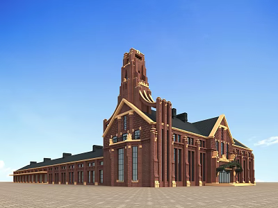 European Style Architecture Red Brick Exterior With Clock Tower And Classical Design Against Blue Sky 3d model