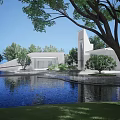 Tranquil Garden Landscape With Reflective Pond Modern White Buildings And Green Trees 3d model
