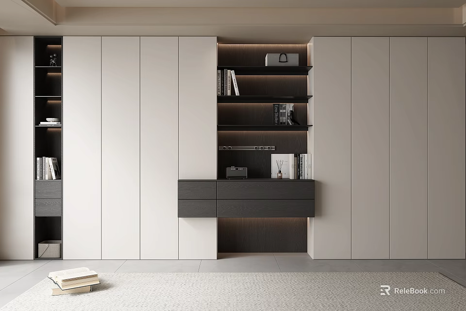 Modern Built in Bookcase Design With Open Shelves Drawers Neutral Tones And Ambient Lighting 3d model 